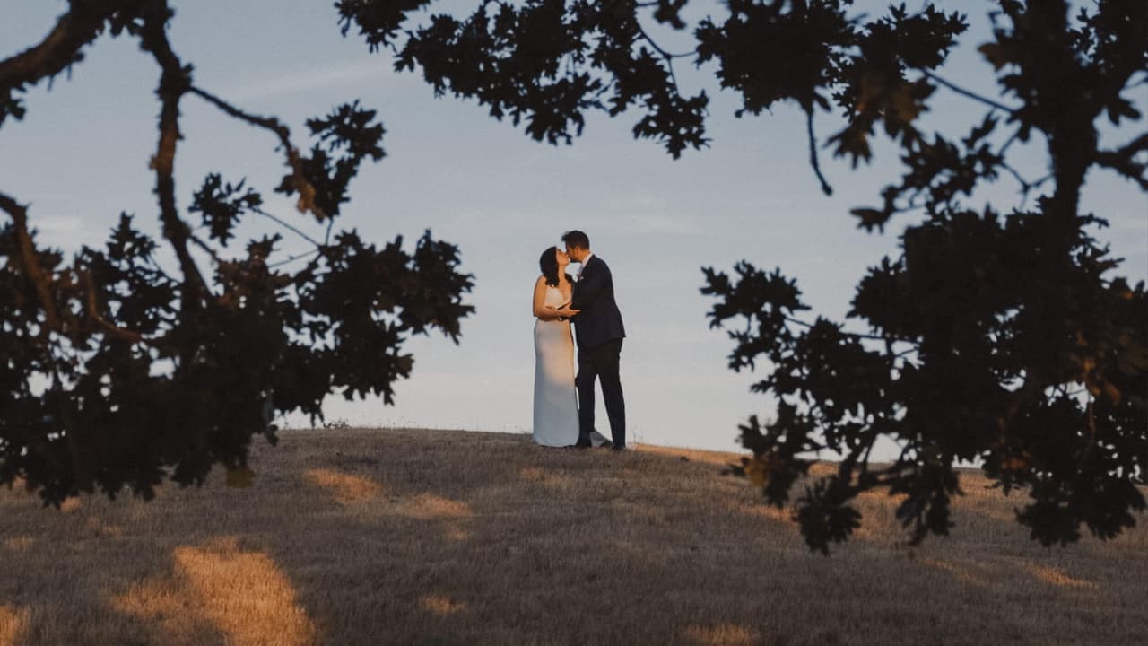 Couple kissing in an open field at Stone Bridge Island Farm with tree branches framing above