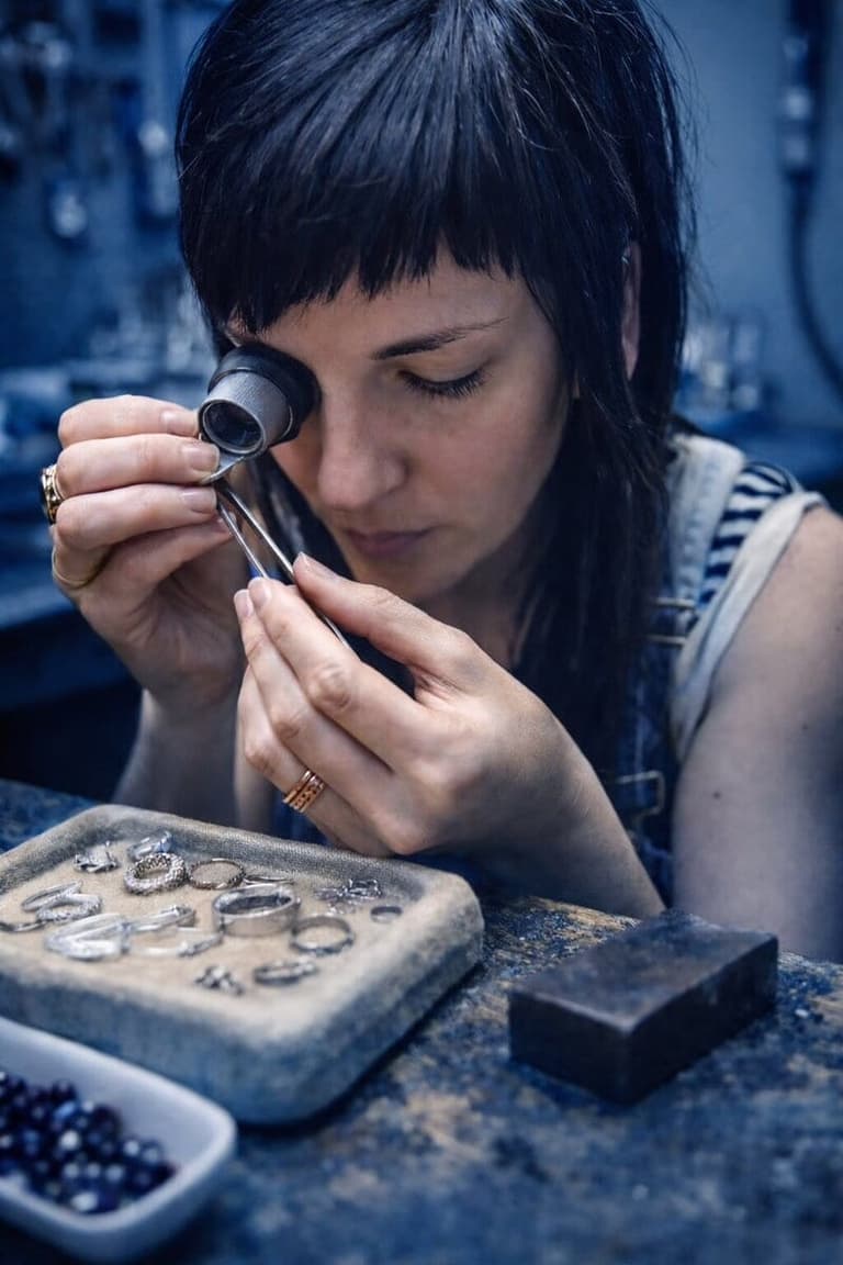 Blackbird Jewellers goldsmith inspecting handcrafted rings through a loupe