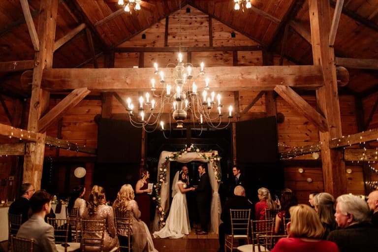 Chandelier-lit barn ceremony at Providence Farm in the Cowichan Valley