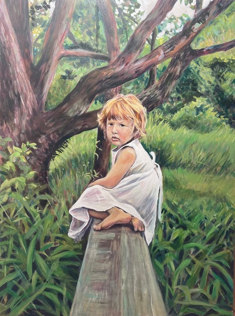 Painting of a barefoot child in white climbing a wooden bench