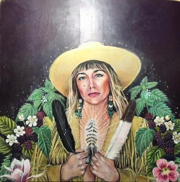Portrait painting of a woman in a yellow hat holding feathers