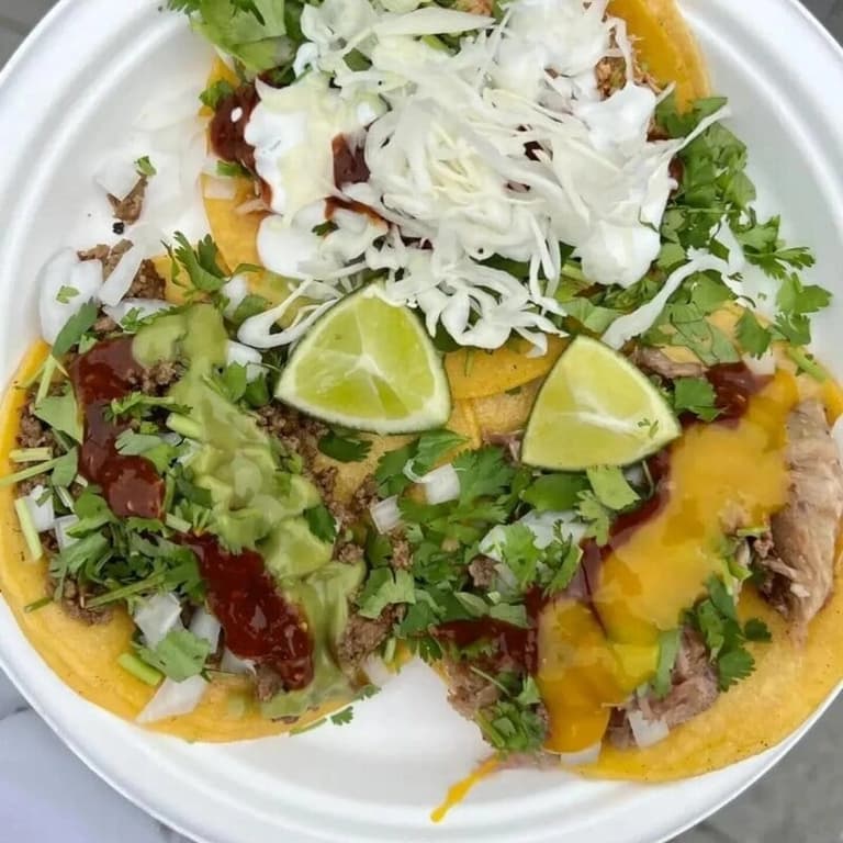 Street tacos topped with lime and cilantro from a Gabriola caterer