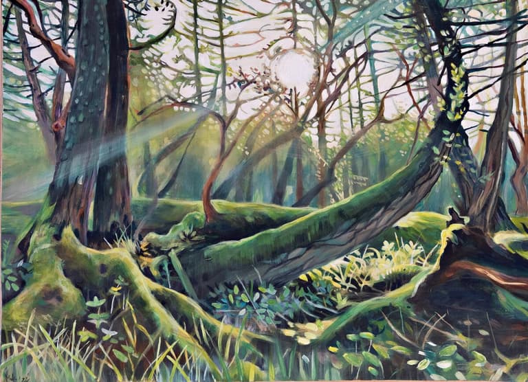 Landscape painting of sunlight streaming through a mossy West Coast forest