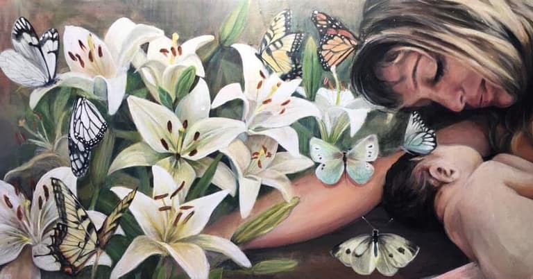 Painting of a mother nursing her baby among lilies and butterflies