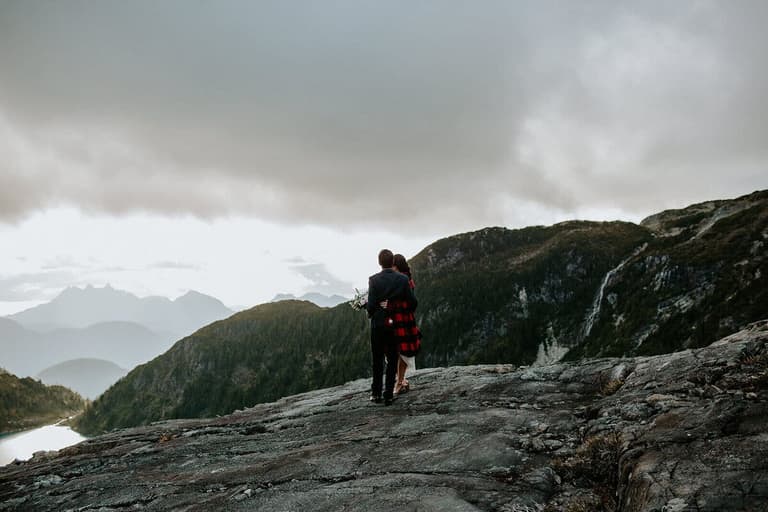 Two figures huddled on a clifftop above a mountain lake