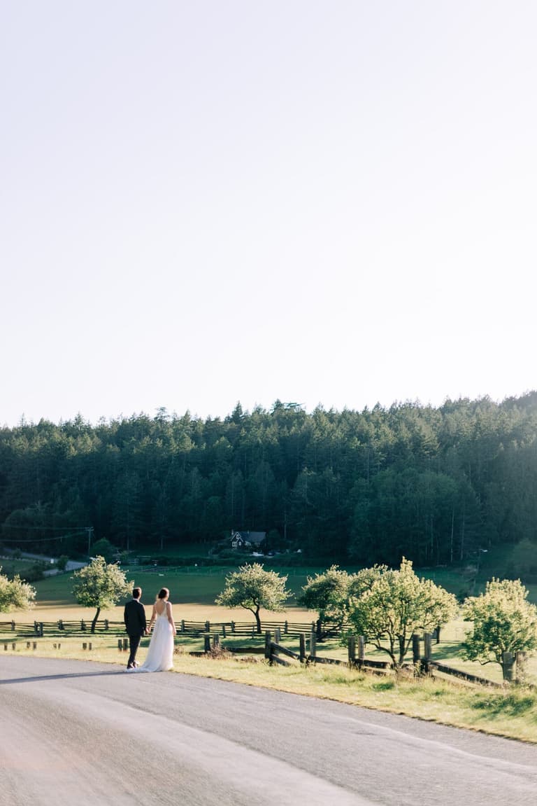 Newlyweds walking a country road past fenced pastures