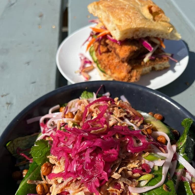 Crispy chicken sandwich and noodle salad by LUSH Valley Catering