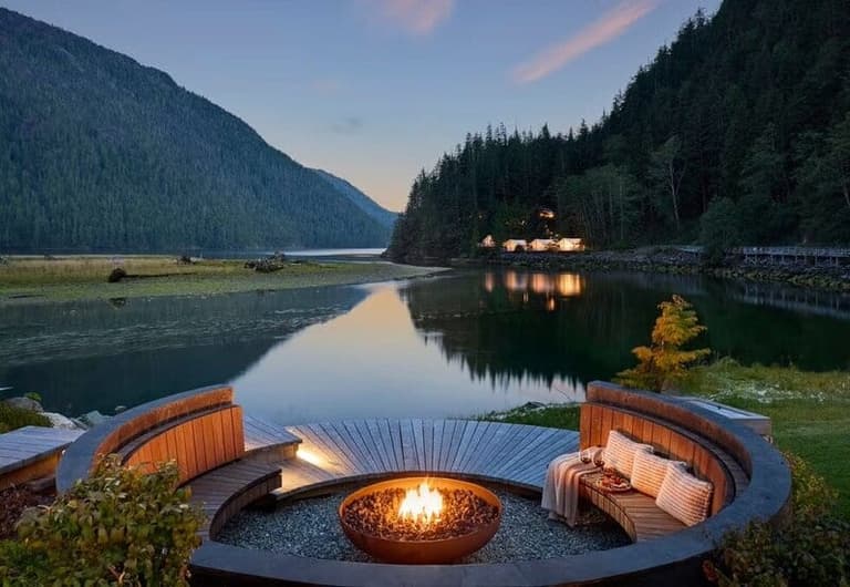 Fireside lounge overlooking the inlet at Clayoquot Wilderness Lodge