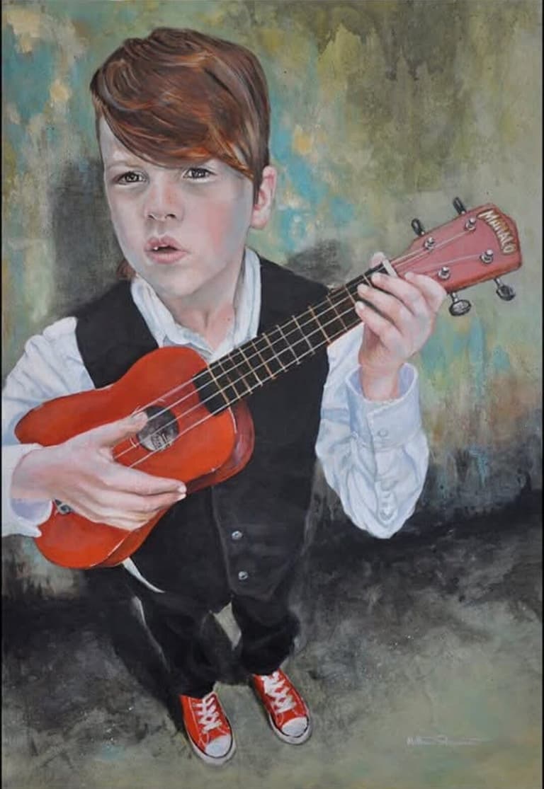 Painting of a red-haired boy strumming a small red ukulele