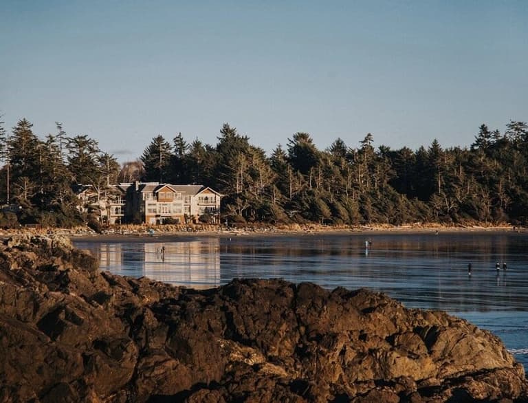 Long Beach Lodge Resort above a surf beach at golden hour
