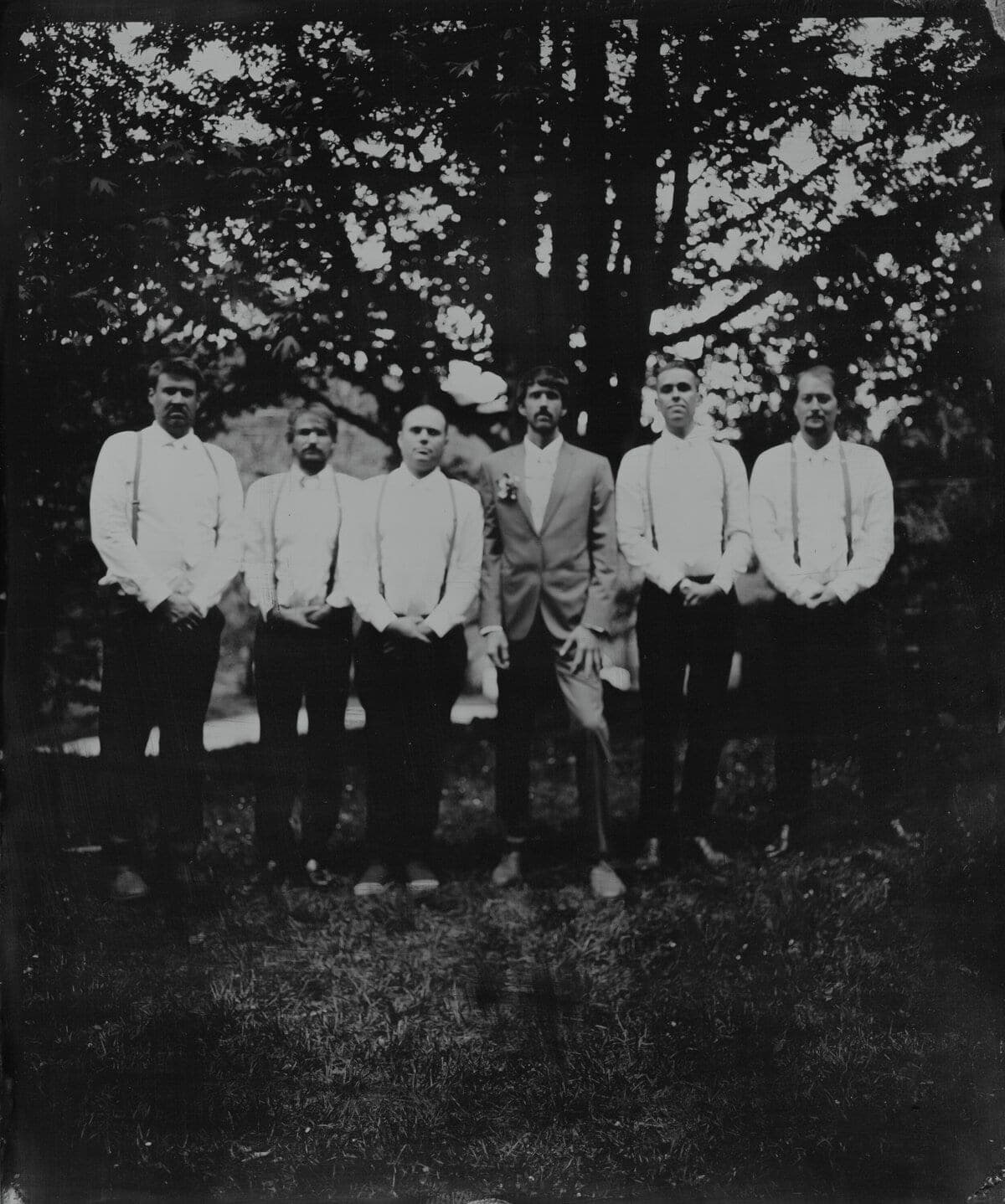 Groom and groomsmen lined up beneath trees, tintype group portrait