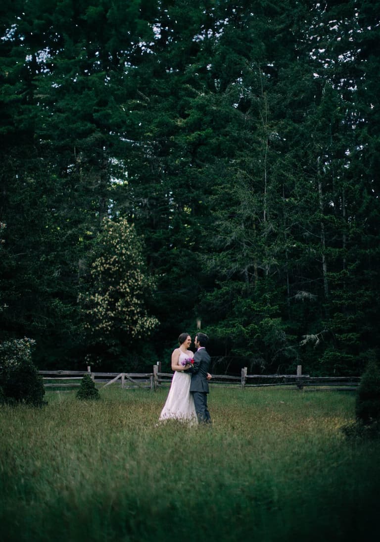 Embrace in a grassy clearing beneath old-growth conifers