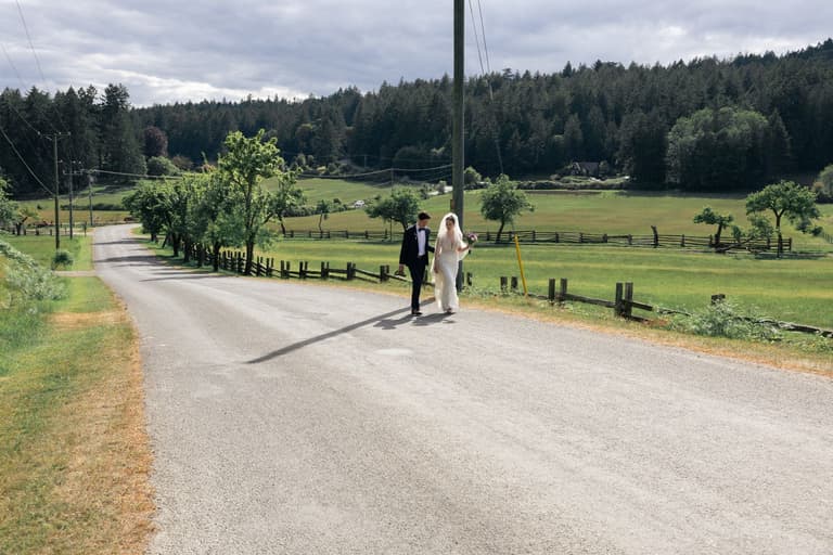 Bride and groom walk on gravel driveway with pastoral fields and forested hills at Ruckle Farm